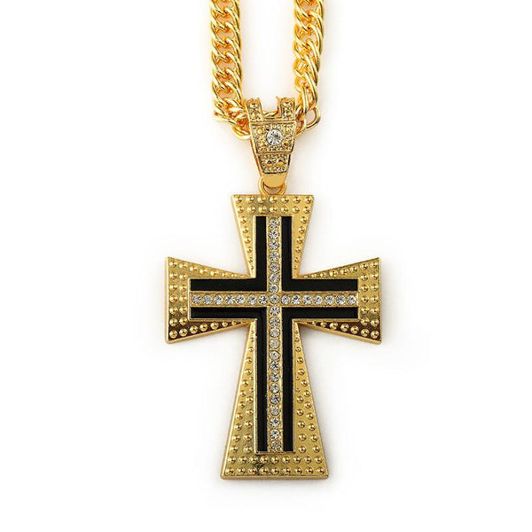Long Iced Out 18K Gold Black Cross Pendant