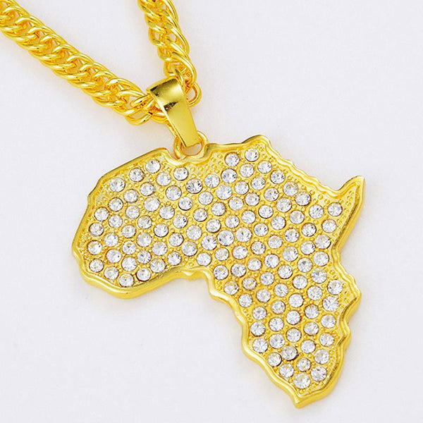 Iced Out 18K Gold African Map Pendant