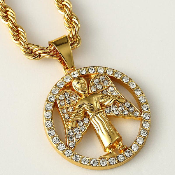 Iced Out 18K Gold Angel Medallion Pendant