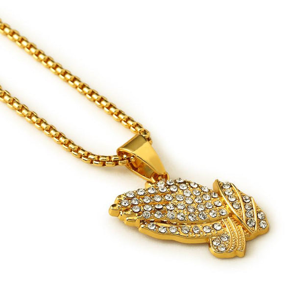 Iced Out 18K Gold Praying Hands Pendant