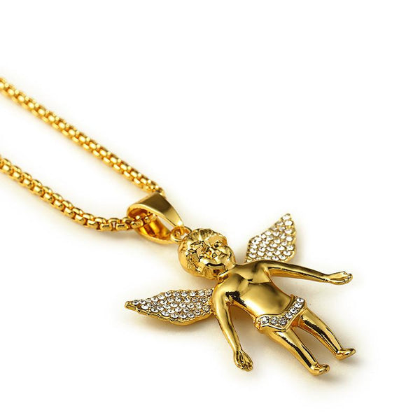 Large Iced Out 18K Gold Baby Angel Pendant