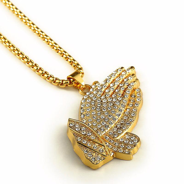 XL Iced Out 18K Gold Praying Hands Pendant