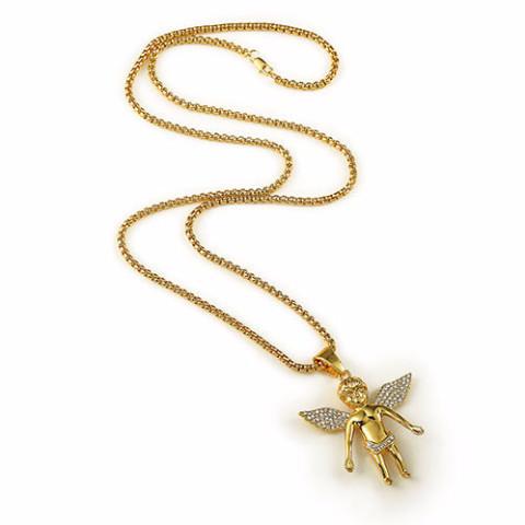 Large Iced Out 18K Gold Baby Angel Pendant
