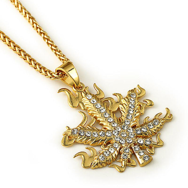 Iced Out 18K Gold Flaming Cannabis Leaf Pendant