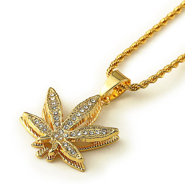 Iced Out 3D 18K Gold Cannabis Leaf Pendant