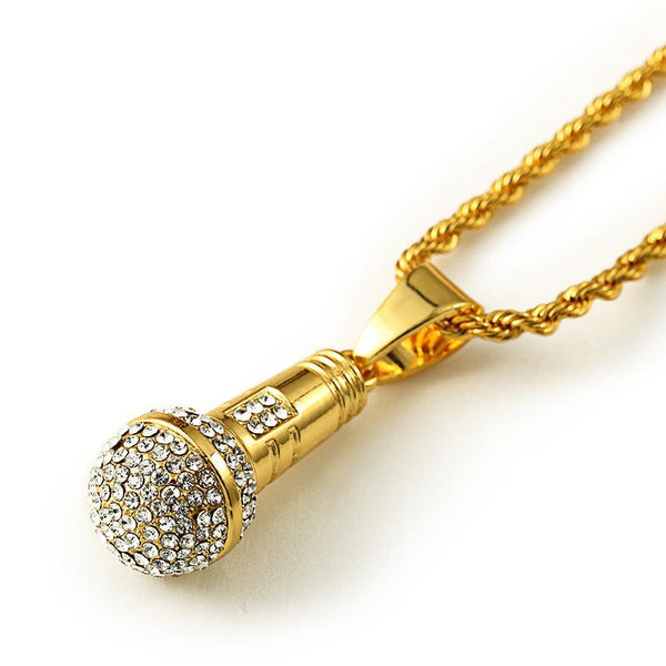 Mini Iced Out 18K Gold Microphone Pendant