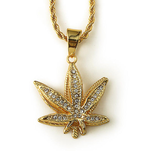 Iced Out 3D 18K Gold Cannabis Leaf Pendant