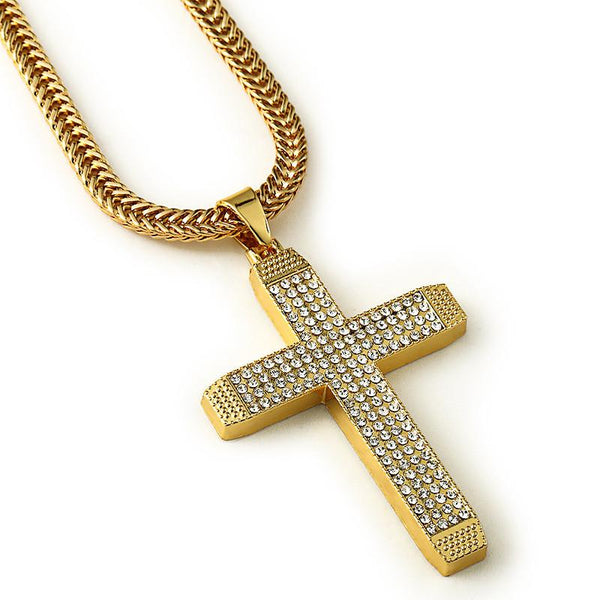 Four Rows Iced Out 18K Gold/Silver Cross Pendant