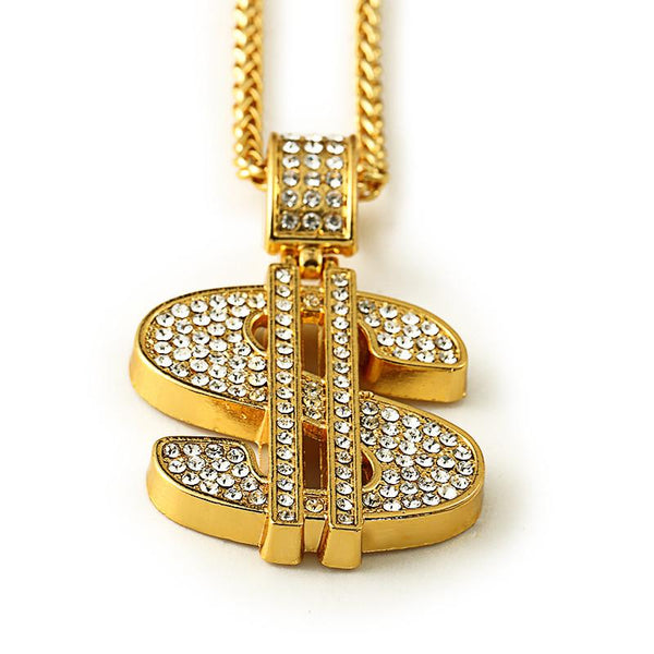Large Fully Iced Out 18K Gold Dollar Sign Pendant