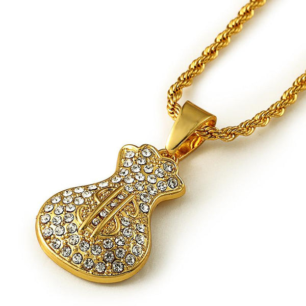 Fully Iced Out 18K Gold Money Bag Pendant