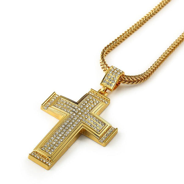 Three Rows Iced Out 18K Gold Cross Pendant