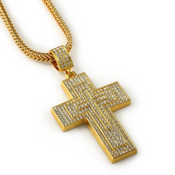 Seven Rows Fully Iced Out 18K Gold Cross Pendant