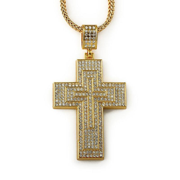 Seven Rows Fully Iced Out 18K Gold Cross Pendant