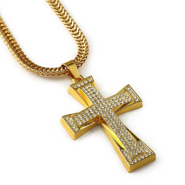 Exclusive Three Rows Iced Out 18K Gold Cross Pendant