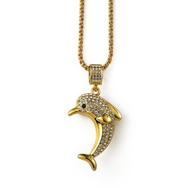 Iced Out 18K Gold Dolphin Pendant