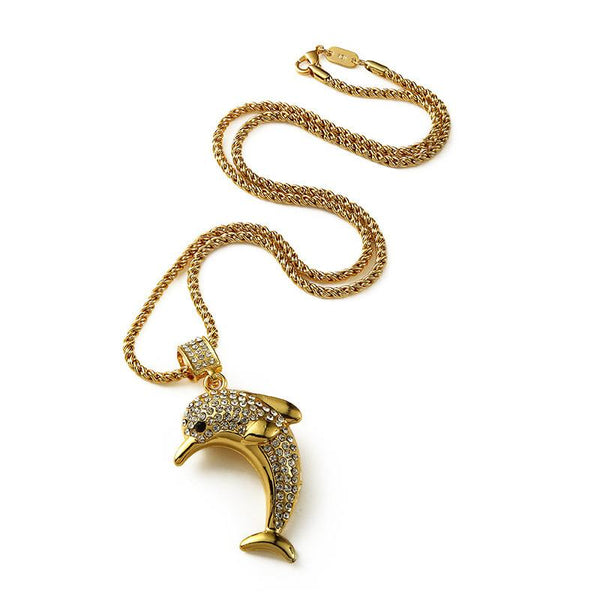 Iced Out 18K Gold Dolphin Pendant