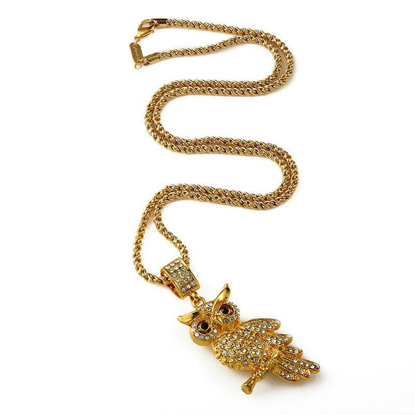 Iced Out 18K Gold Owl Pendant