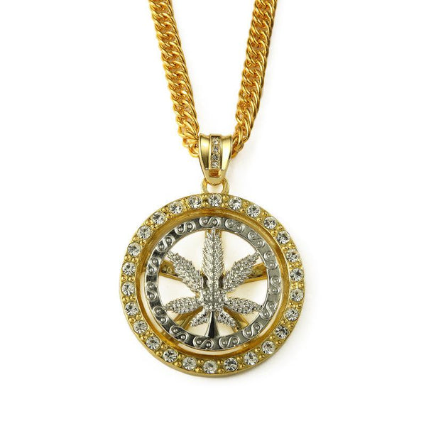 Iced Out 18K Gold/Silver Cannabis Leaf Medallion Pendant