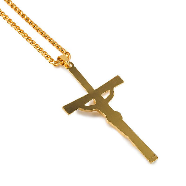 Long Iced Out 18K Gold Cross Pendant