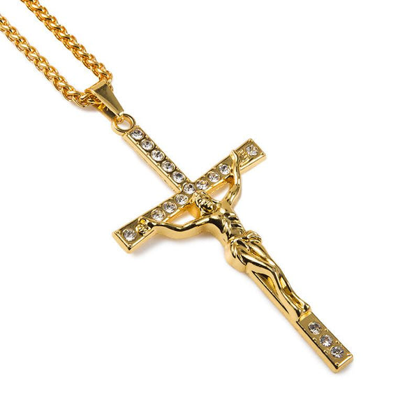 Long Iced Out 18K Gold Cross Pendant