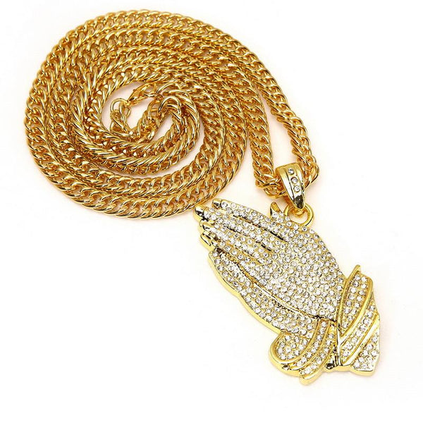 Fully Iced Out 18K Gold/Silver Praying Hands Pendant [Black Diamonds Edition Available]