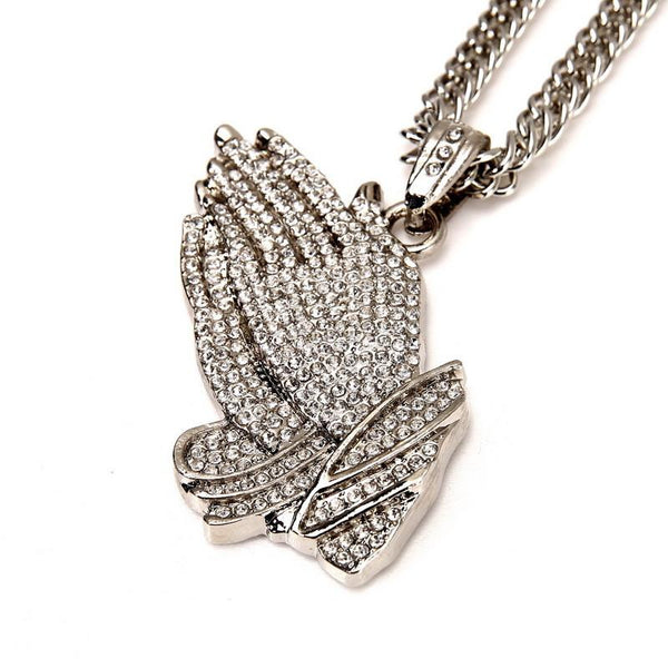 Fully Iced Out 18K Gold/Silver Praying Hands Pendant [Black Diamonds Edition Available]