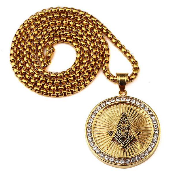 Iced Out 18K Gold Freemason Medallion Pendant