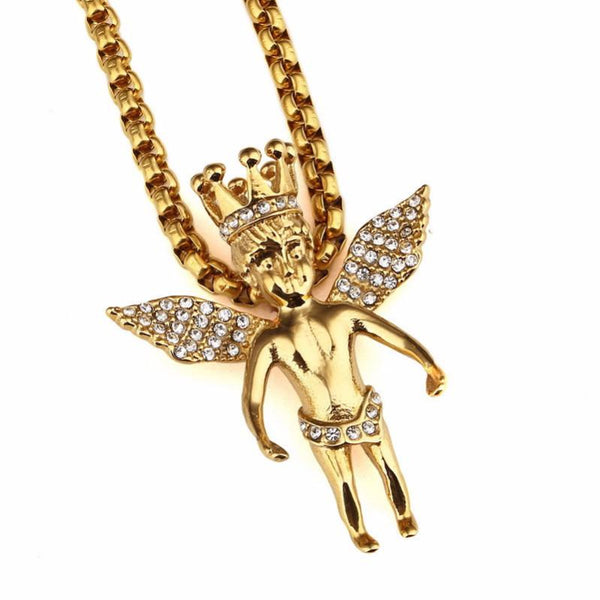 Iced Out 18K Gold King Angel Pendant