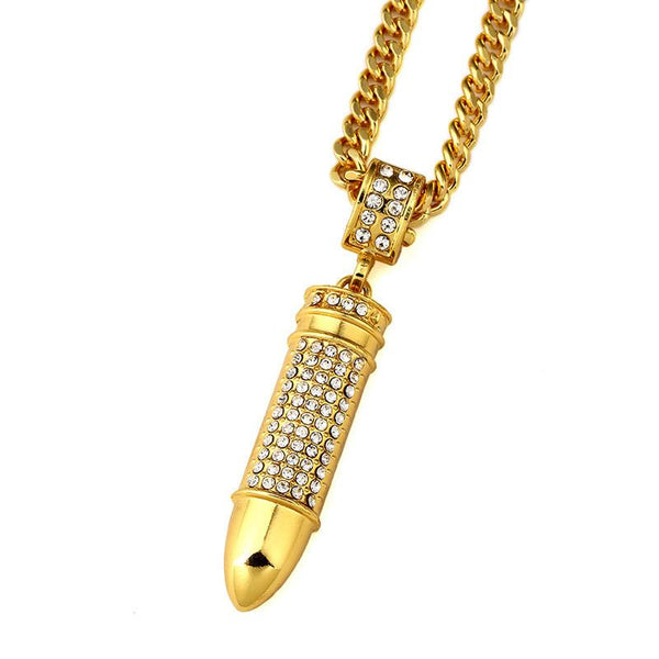 Iced Out 18K Gold Bullet Pendant