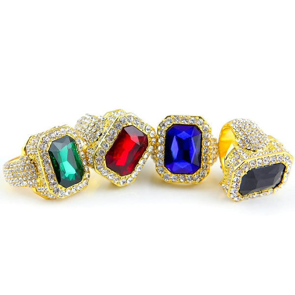 Iced Out 18K Gold Ruby/Sapphire/Emerald/Black Stone Royal Ring
