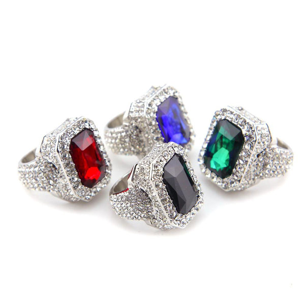 Iced Out 18K White Gold Ruby/Sapphire/Emerald/Black Stone Royal Ring