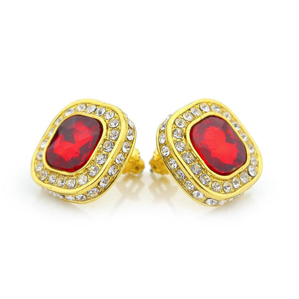 Iced Out 18K Gold Ruby/Sapphire/Emerald/Black Stone Royal Earrings