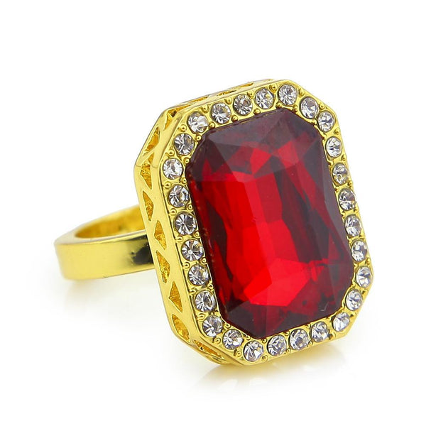 Iced Out 18K Gold Ruby/Sapphire/Black Stone Ring