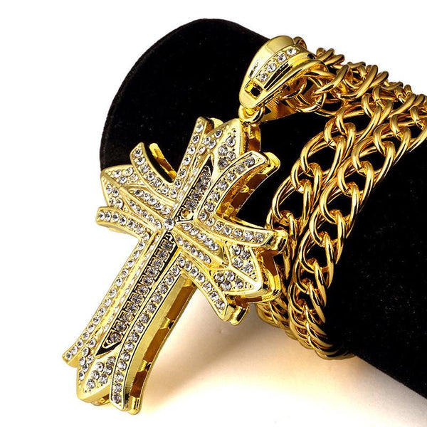 Iced Out 18K Gold 3D Cross Pendant