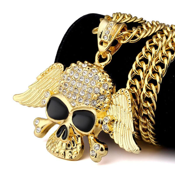 Iced Out 18K Gold Good and Evil Skull Pendant