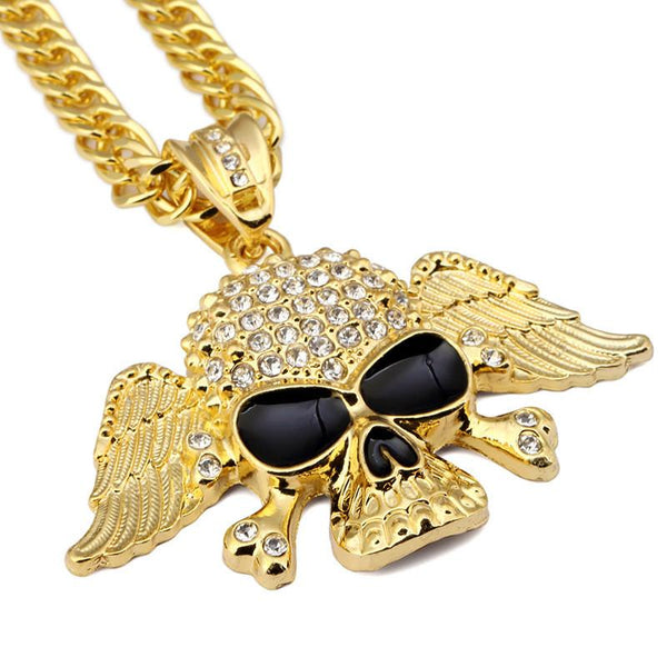 Iced Out 18K Gold Good and Evil Skull Pendant