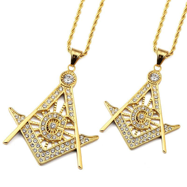 Iced Out 18K Gold Freemason Pendant