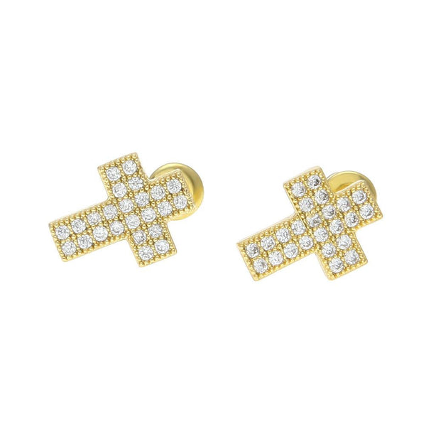 Iced Out 18K CZ Gold Cross Earrings