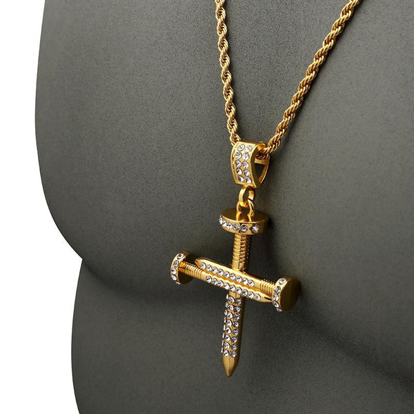 Iced Out 18K Gold Nail Cross Pendant