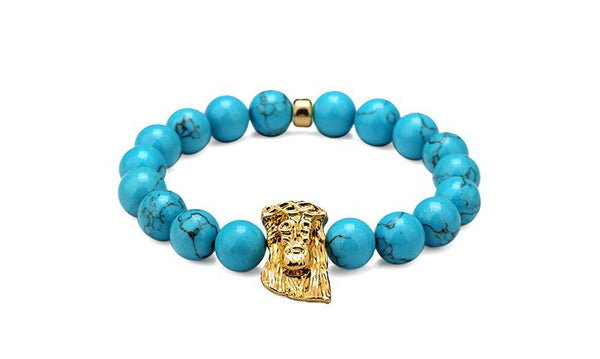 Blue Stone Beaded Gold Jesus Piece Bracelet