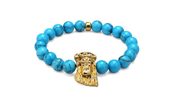 Blue Stone Beaded Gold Jesus Piece Bracelet