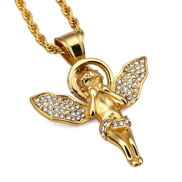 Iced Out 18K Gold Angel with Halo Pendant