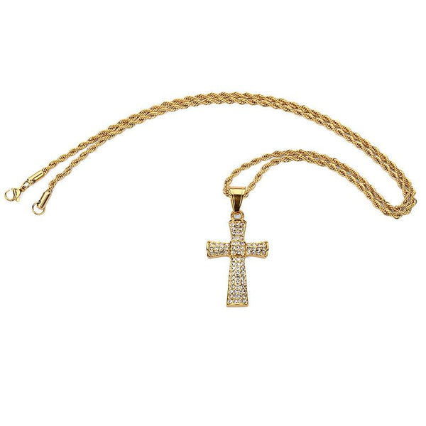 Iced Out 18K Gold Triple-Row Cross Pendant