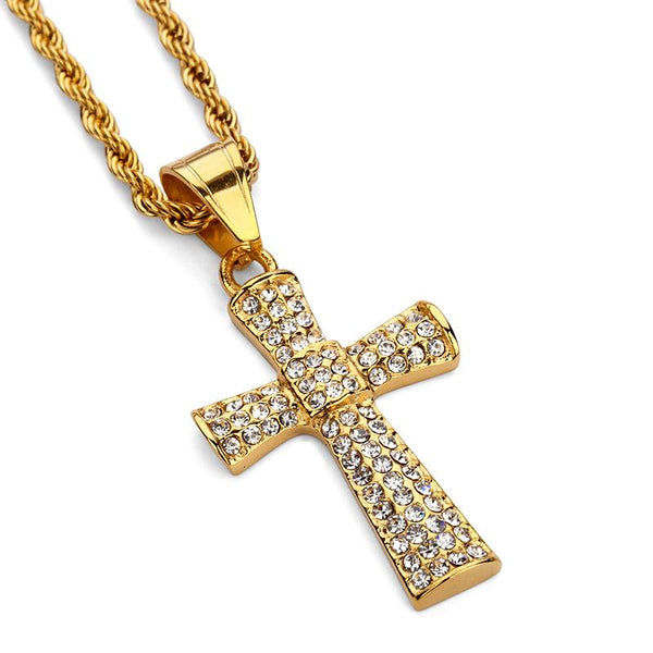 Iced Out 18K Gold Triple-Row Cross Pendant