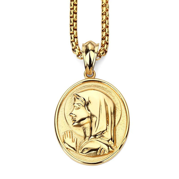 18K Gold Virgin Mary Medallion Pendant
