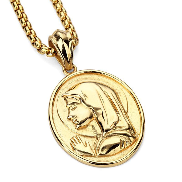 18K Gold Virgin Mary Medallion Pendant