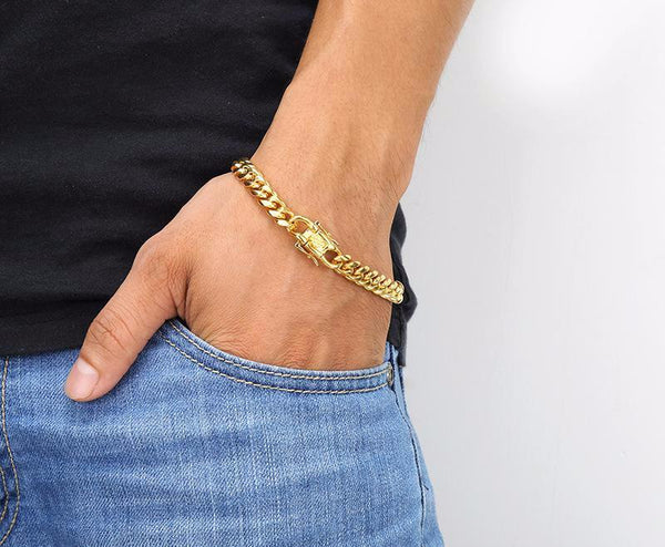 8mm 18K Gold Cuban Stainless Steel Bracelet with Butterfly Buckle