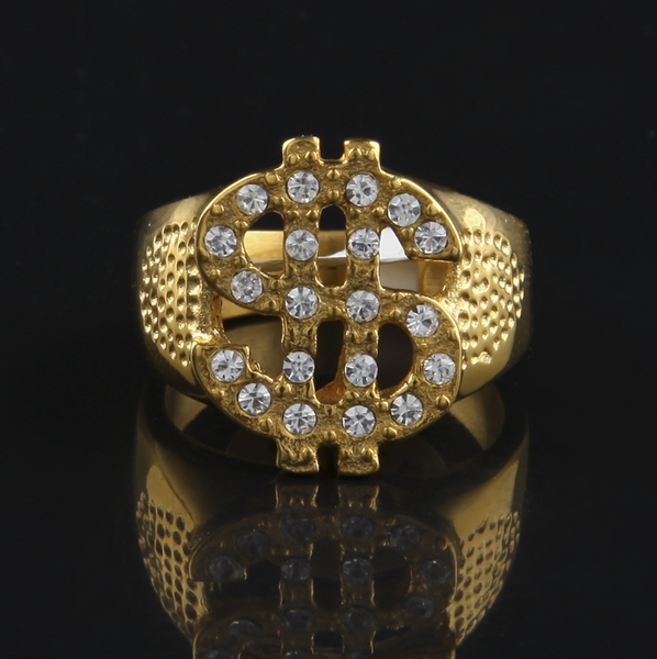 Iced Out 18K Gold Dollar Sign Ring