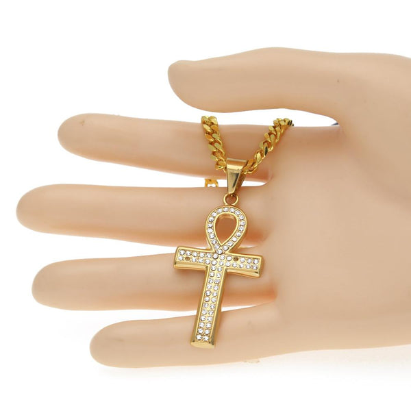 Iced Out 18K Gold Ankh Cross Pendant