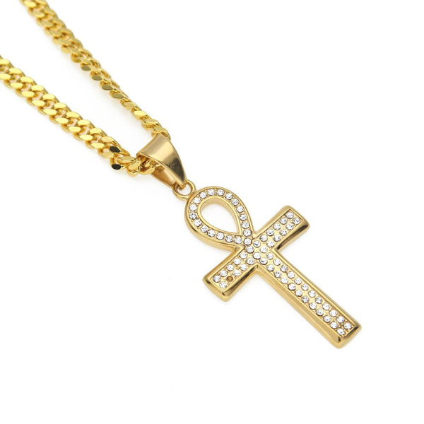 Iced Out 18K Gold Ankh Cross Pendant
